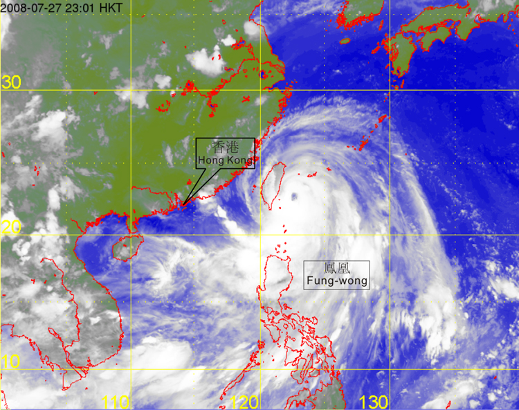 Infra-red satellite imagery at 11 p.m. on 27 July 2008 of Typhoon Fung-wong.