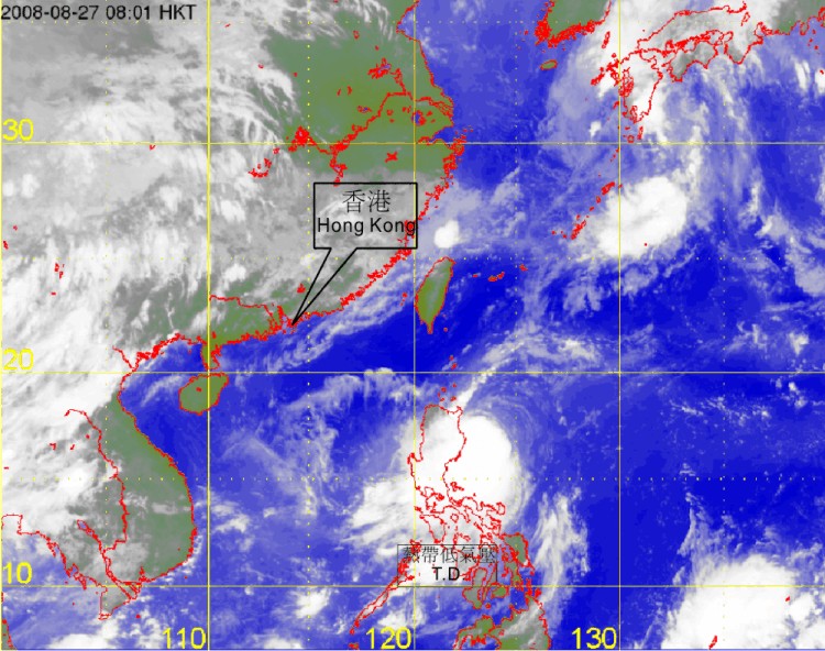 Infra-red satellite imagery at 8 a.m. on 27 August 2008 of Tropical Depression.