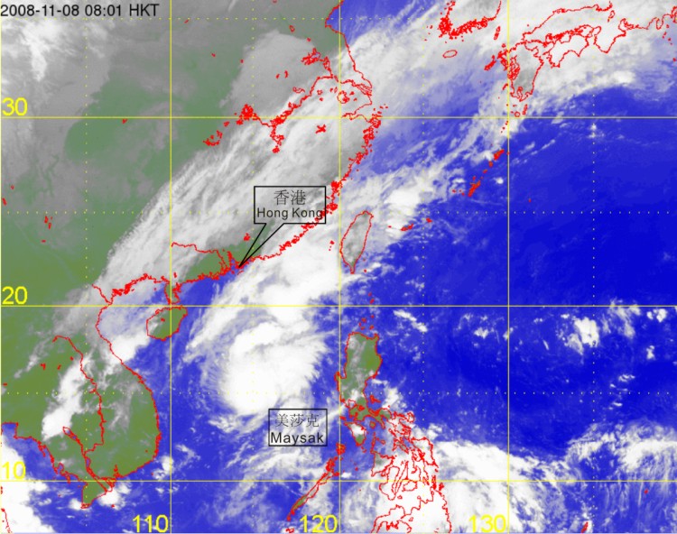 Infra-red satellite imagery at 8 a.m. on 8 November 2008 of Tropical Storm Maysak.