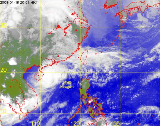 Infra-red satellite imagery at 8 p.m. on 18 April 2008 of Neoguri.