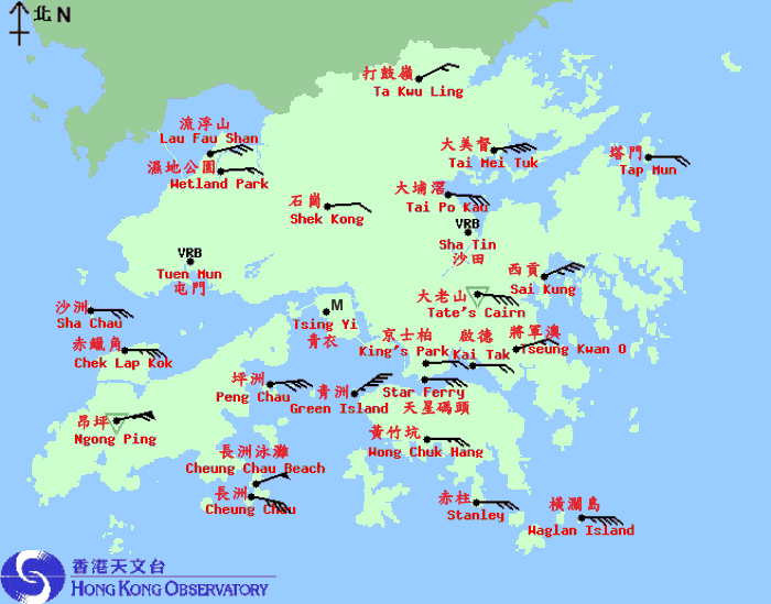 10-minute mean wind direction and speed recorded at various stations in Hong Kong at 12:10 a.m. on 16 September 2014. Typhoon Kalmaegi was closest to the territory in the small hours of that day.