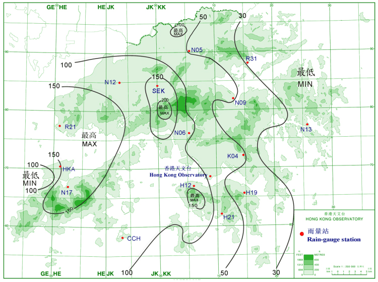 Rainfall distribution on 22 - 24 September 2008 (isohyets are in millimetres).