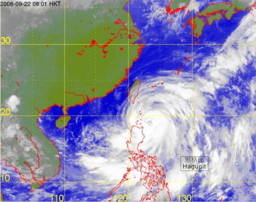 Infra-red satellite imagery at 8 a.m. on 22 September 2008 of Hagupit.