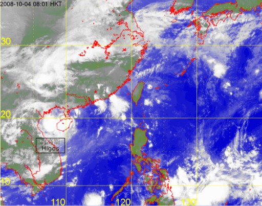 Infra-red satellite imagery at 8 a.m. on 4 October 2008 of Higos.