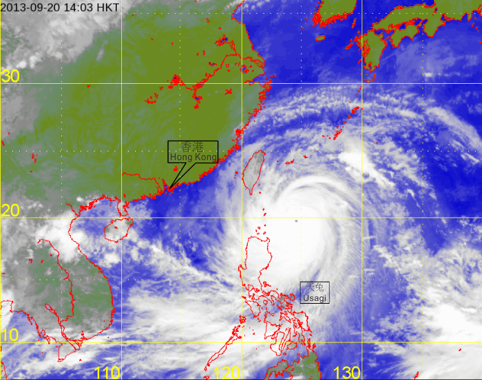 Infra-red satellite imagery at 2 p.m. on 20 September 2013, as Usagi reached super typhoon intensity with estimated maximum sustained winds of 205 kilometres per hour near its centre.