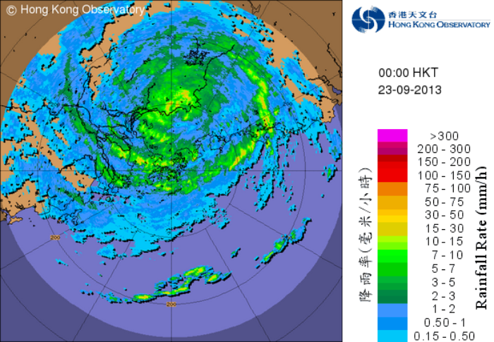 Image of radar echoes at midnight on 22 September 2013, when Severe Typhoon Usagi was closest to Hong Kong, with its centre about 80 km north of the Hong Kong Observatory.