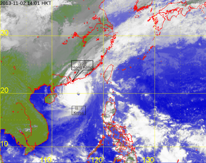 Infra-red satellite imagery at 2 p.m. on 2 November 2013, as Krosa reached severe typhoon intensity with estimated maximum sustained winds of 165 kilometres per hour near its centre.