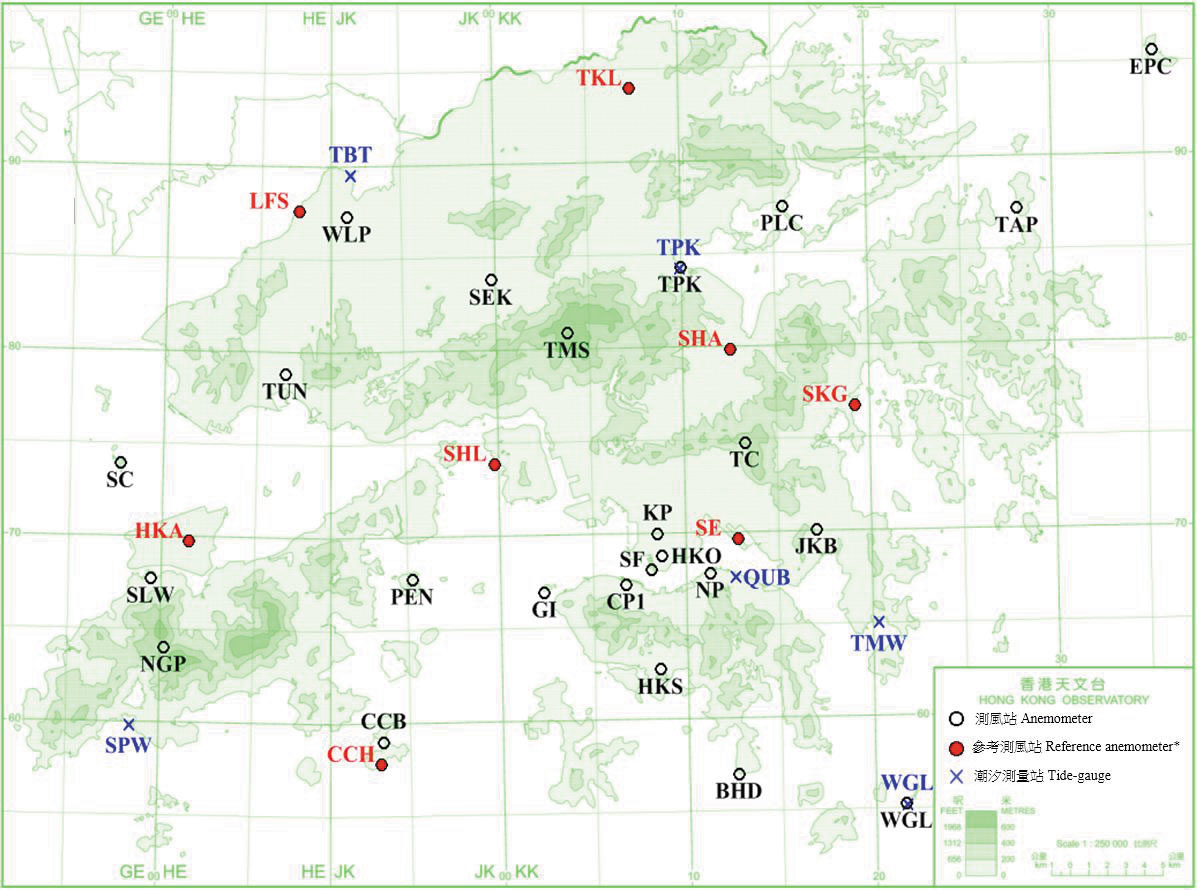 年報內提及的測風站及潮汐測量站之分佈地點。
