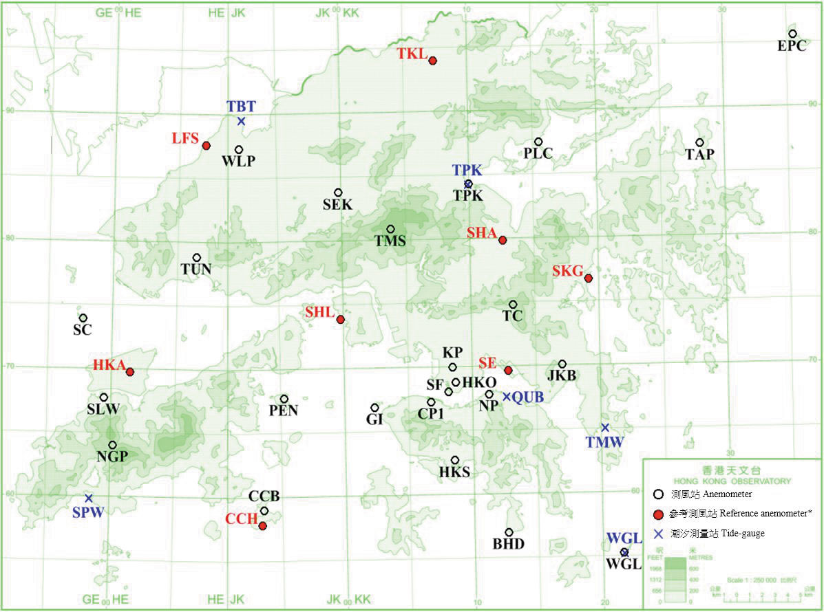 Locations of anemometers and tide gauge stations  mentioned in this annual report.