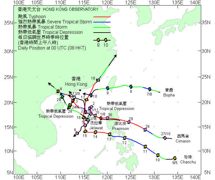 Tracks of the three tropical cyclones affecting Hong Kong in 2005.