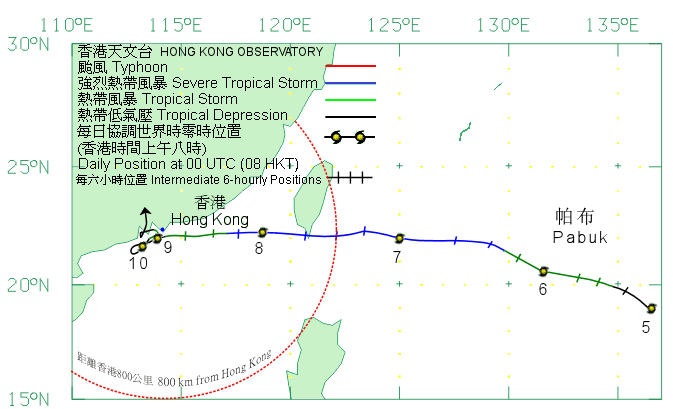 Track of Pabuk (0706) on 5 - 11 August 2007.