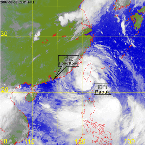 Around 2 a.m. on 8 August 2007.  Satellite infra-red imagery of Pabuk.