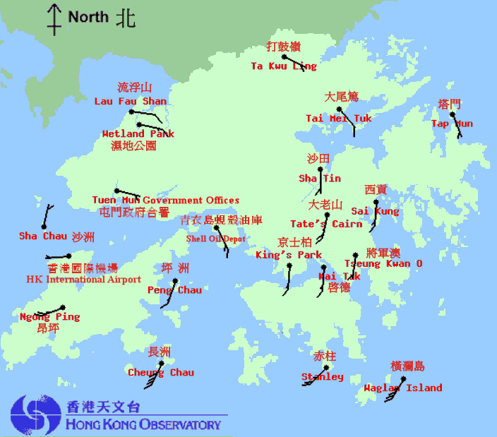 Wind distribution around Hong Kong as at 2 p.m. on 10 August 2007