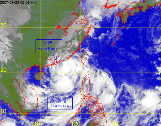 Satellite infra-red imagery  at 2 a.m. on 23 September 2007 of Francisco