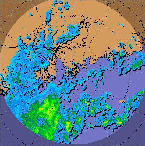 Radar echoes at 2 p.m. on 23 September 2007 of outer rainbands of Francisco.