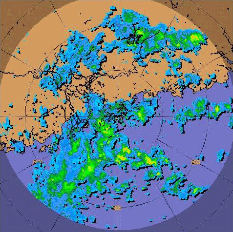 Radar echoes at 8 p.m. on 23 September 2007 of outer rainbands of Francisco.