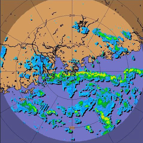 Radar echoes at 8 a.m. on 24 September 2007 of outer rainbands of Francisco.