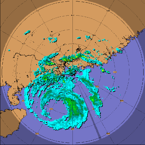 Radar echoes captured at 2.05 a.m. on 24 July 2003. At that time, Hong Kong was being affected by the outer rainbands of Imbudo.
