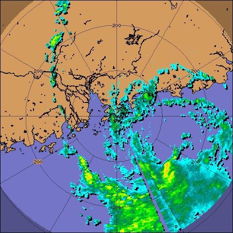 Radar echoes at 7.00 a.m. on 16 July 2004 showing the spiral rainbands of
Kompasu.