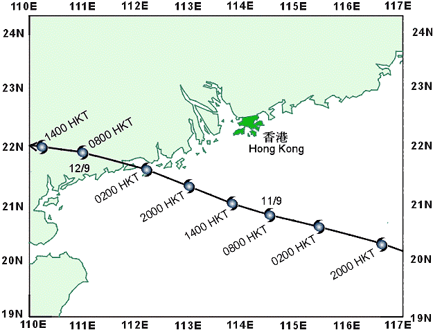Track of Hagupit near Hong Kong.