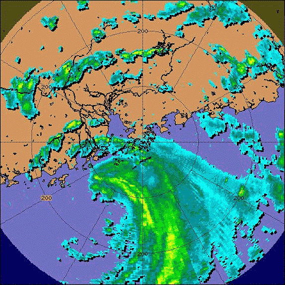 Radar echoes captured at 3 p.m. on 11 September 2002.  At that time, the southwestern part of Hong Kong was being affected by the outer rainbands of Hagupit.