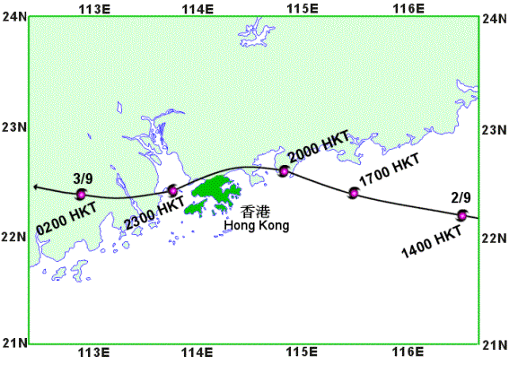 Track of Dujuan near Hong Kong.