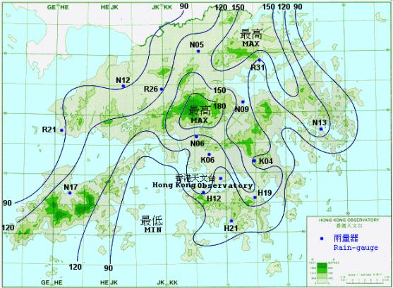 Rainfall distribution on 1 - 3 September 2003 (isohyets are in millimetres).