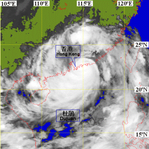 Infra-red imagery at around 7.30 p.m. on 2 September 2003 showing that Dujuan made landfall close to the east of Hong Kong.
[The satellite imagery was originally captured with Geostationary Operational Environmental Satellite (GOES-9) which is operated by the joint effort of Japan Meteorological Agency (JMA) and National Environmental Satellite Data and Information Service (NESDIS) of US National Oceanic and Atmospheric Administration (NOAA)]