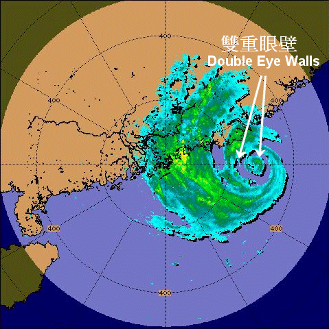Radar echoes captured at 1.05 p.m. on 2 September 2003.  At that time, Dujuan exhibited a double eye wall structure.  The diameter of the inner and outer eyes are about 20 km and 100 km respectively.