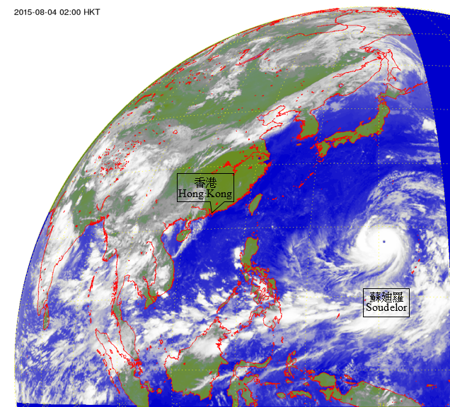 Infra-red satellite imagery of Super Typhoon Soudelor (1513) at peak intensity at 2 a.m. on 4 August 2015
