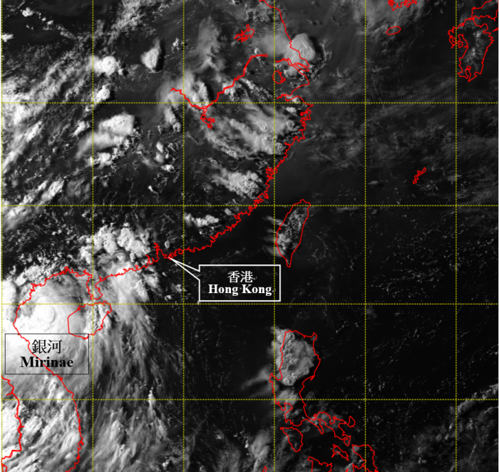 Visible satellite imagery around 5 p.m. on 27 July 2016 when Mirinae was at its peak intensity with estimated maximum sustained winds of 90 km/h near its centre.