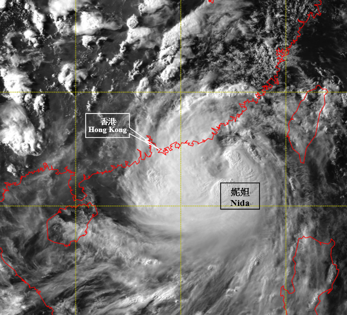 Visible satellite imagery around 5 p.m. on 1 August 2016, when Nida was at peak intensity with estimated maximum sustained winds of 130 km/h near its centre.