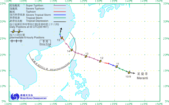 Track of Meranti (1614) on 10 - 15 September 2016.