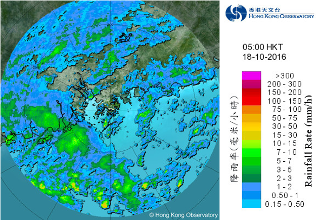 Radar echoes captured at 5 a.m. on 18 October 2016, when Sarika was closest to Hong Kong with its centre about 520 km to the southwest.  The outer rainbands of Sarika were affecting the coast of Guangdong and the northern part of the South China Sea.