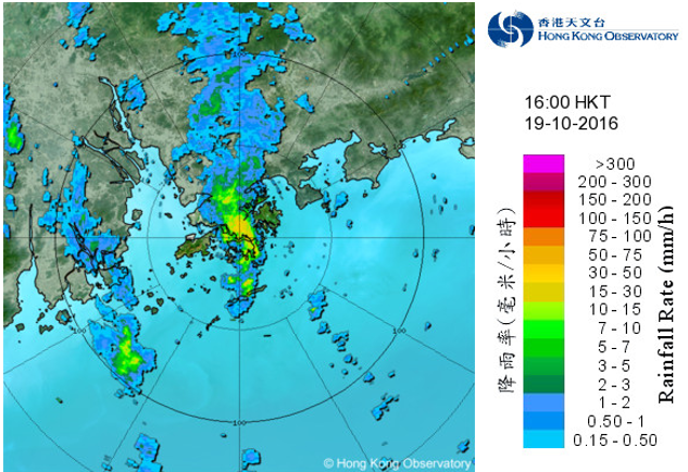 Radar echoes captured at 4 p.m. on 19 October 2016.  The convergence between the southerly airstream associated with Sarika and the northeast monsoon triggered heavy rain and thunderstorm development near Hong Kong.  Black Rainstorm Warning, Landslip Warning, Special Announcement on Flooding in Northern New Territories and Thunderstorm Warning were issued by the Observatory.
