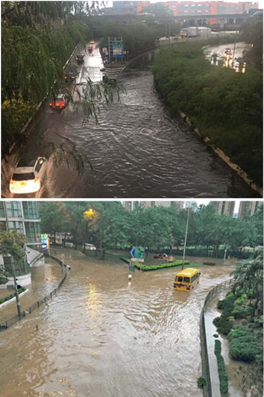 Severe flooding at Ching Cheung Road (up) and Chai Wan Road (bottom) on 19 October 2016 (courtesy of Drainage Services Department).