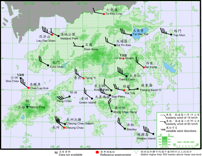 10-minute mean wind direction and speed recorded at various stations in Hong Kong at 11:00 a.m. on 21 October 2016.  Typhoon Haima was about 130 km east of Hong Kong at the time.<BR><BR>Note: The 10-minute mean wind speeds recorded at that time at Sha Chau and Shatin were 16 and 23 km/h respectively.