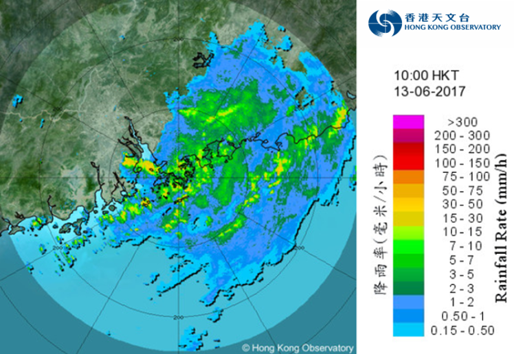 Image of radar echoes at 10 a.m. on 13 June 2017, as rainstorms associated with Merbok affected Hong Kong.