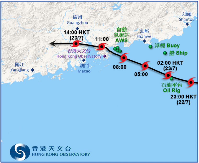 Track of Roke approaching Hong Kong.Green dots represent reports of
gales near Roke.