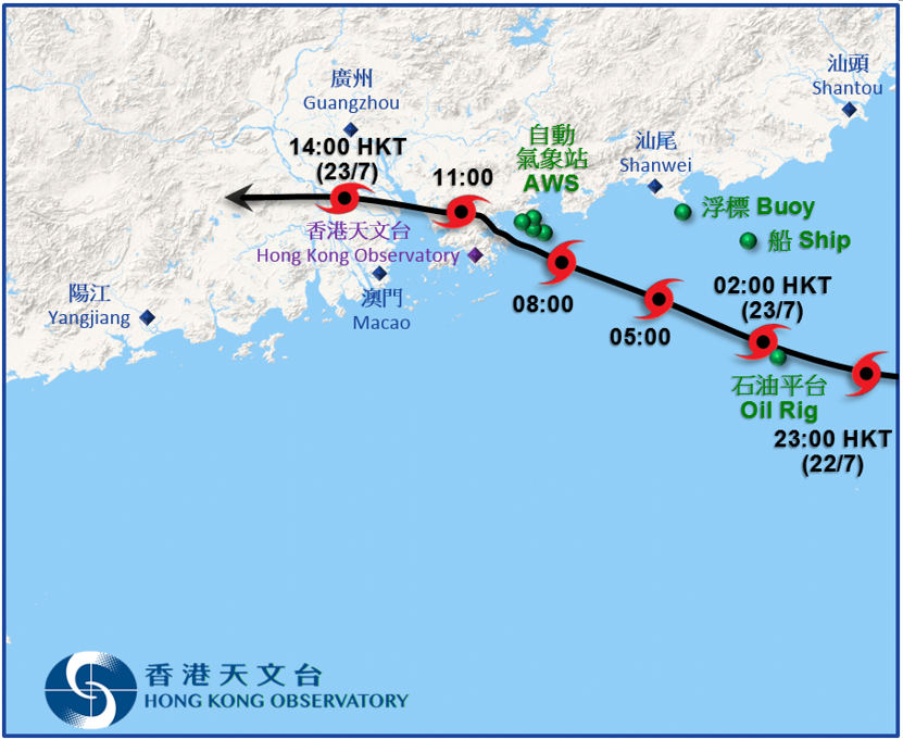 Track of Roke approaching Hong Kong.Green dots represent reports of
gales near Roke.