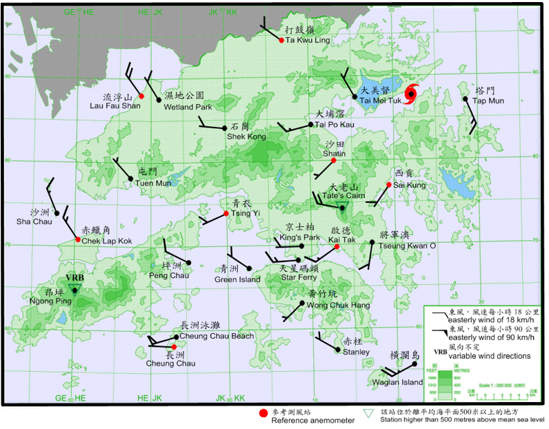 10-minute mean wind direction and speed recorded at various stations in Hong Kong at 10 a.m. on 23 July 2017 when the centre of Roke was near the Plover Cove Reservoir and closest to the Hong Kong Observatory Headquarters.