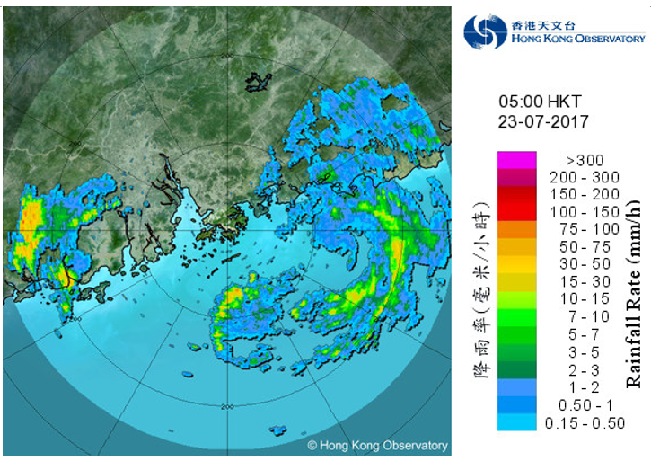 Image of radar echoes at 5:00 a.m. on 23 July 2017.