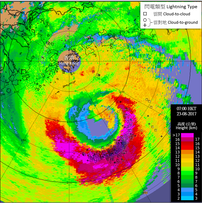 Image of cloud top height estimated using radar data at 7 a.m. on 23 August 2017, overlaid with lightning locations during the past 30 minutes. Very intense convection and frequent lightning appeared near the eyewall of Hato over the southeastern quadrant with the cloud top reaching over 16 km to the top of the troposphere.