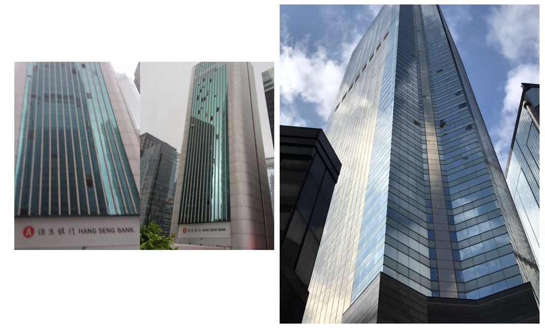 Glass curtain walls of several commercial buildings in Wan Chai and Central were shattered. (Photos courtesy of W. Chun and Kevin Campbell)