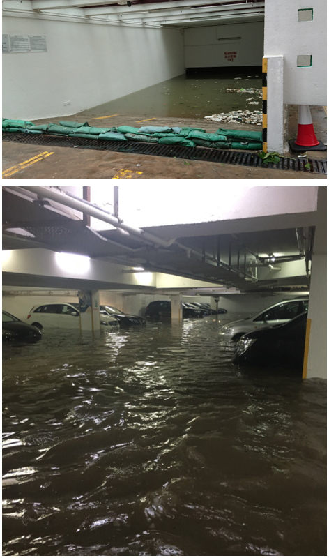 Sea water flowed into an underground car park in Heng Fa Chuen, submerging a number of private vehicles inside. (Photos courtesy of Steve Lee and F. C. Sham)