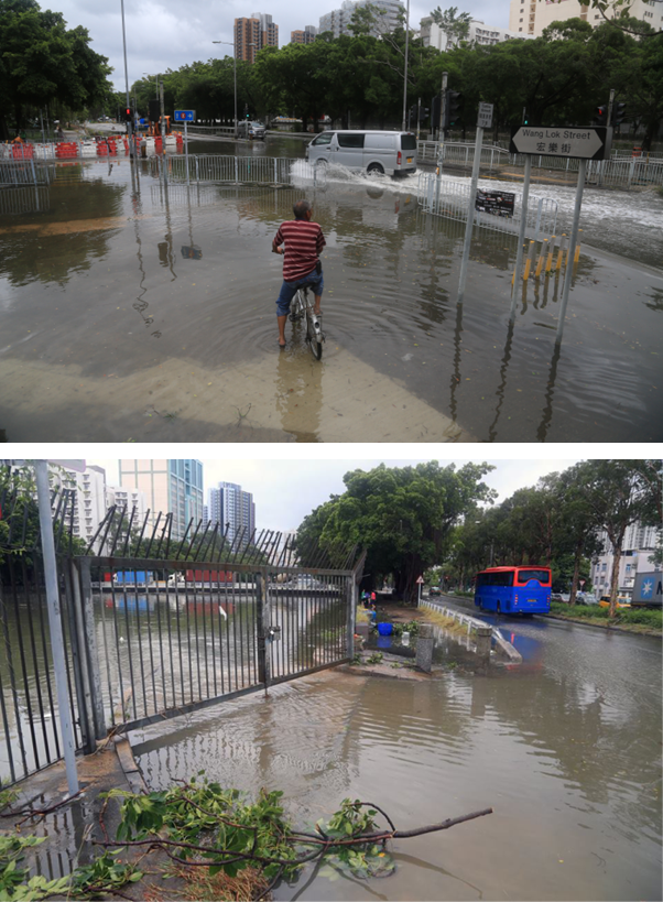 The surge of water level in Yuen Long Nullah and Shan Pui River resulted in flooding over the areas. (Photos courtesy of Man Kam-hoo from Community Weather Observation Scheme) 