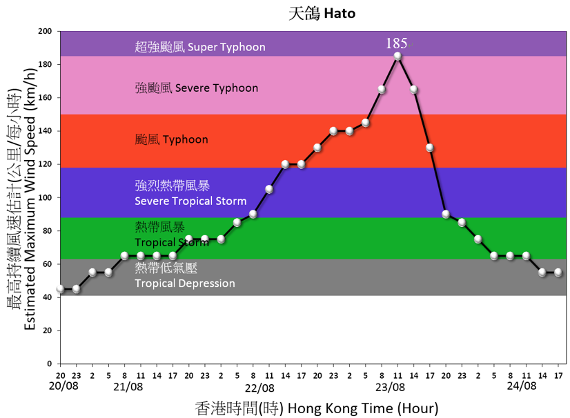 Time series of the maximum sustained wind speed near the centre of Hato.