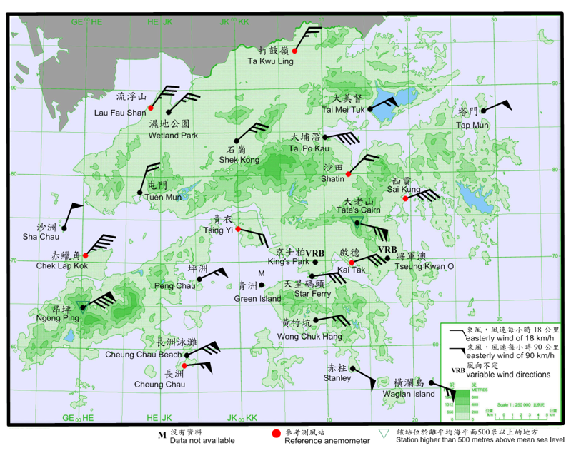 10-minute mean wind direction and speed recorded at various stations in Hong Kong at 10 a.m. on 23 August 2017.  Winds were generally from the east to northeast over the territory, with winds reaching hurricane force at Cheung Chau Beach, Tate’s Cairn and Ngong Ping at that time.