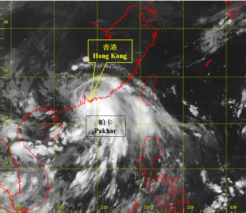 Infra-red satellite imagery around 5 a.m. on 27 August 2017, when Pakhar was at peak intensity with estimated maximum sustained winds of 110 km/h near its centre.