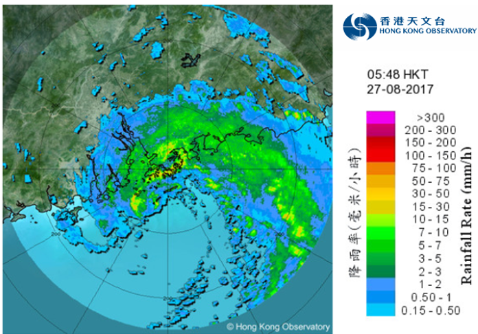 Image of radar echoes at 5:48 a.m. on 27 August 2017, when the intense rainbands to the north of Pakhar were bringing heavy rain and squalls to Hong Kong.